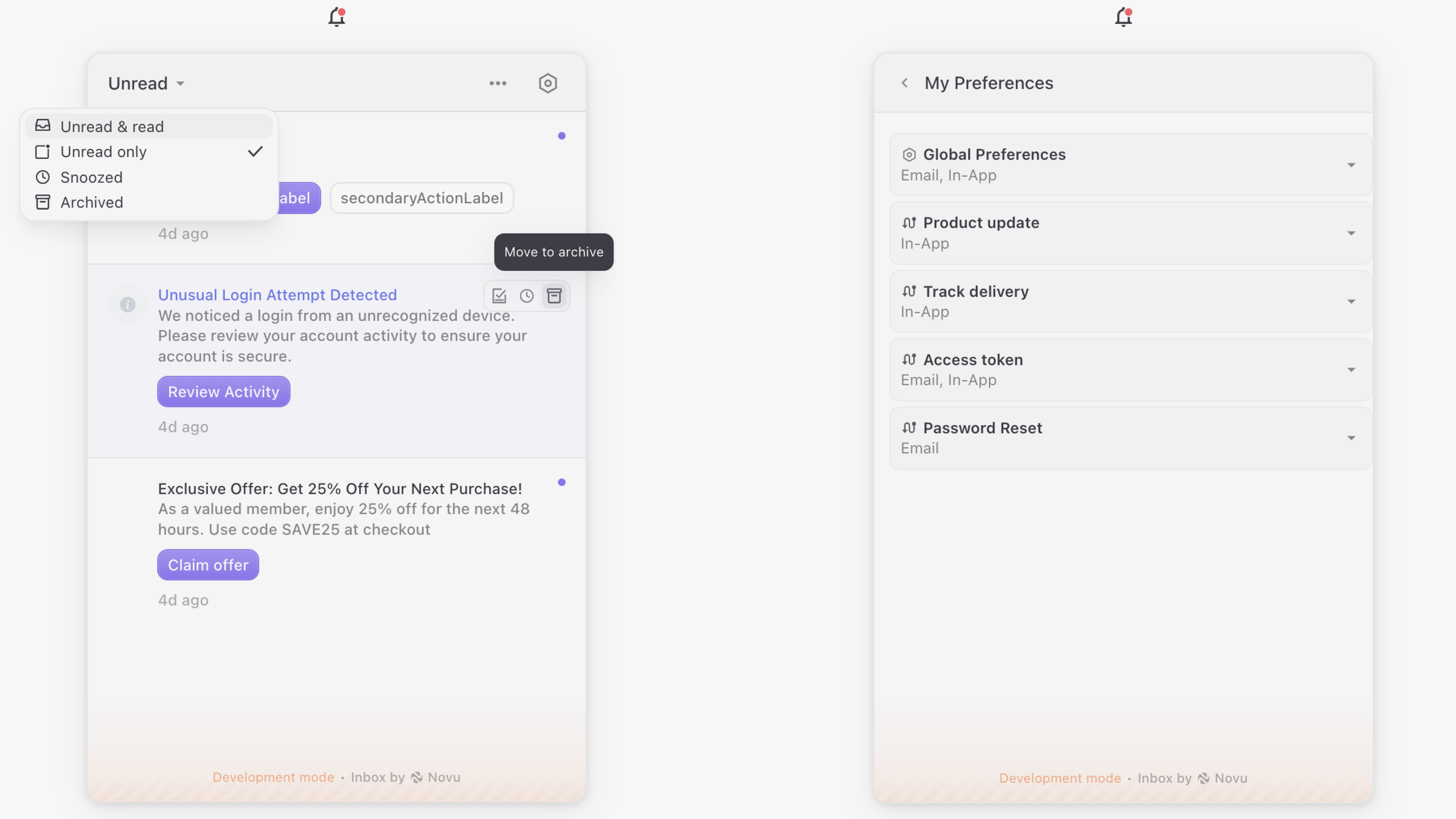 Overriding the default text in the Inbox component UI using localization prop