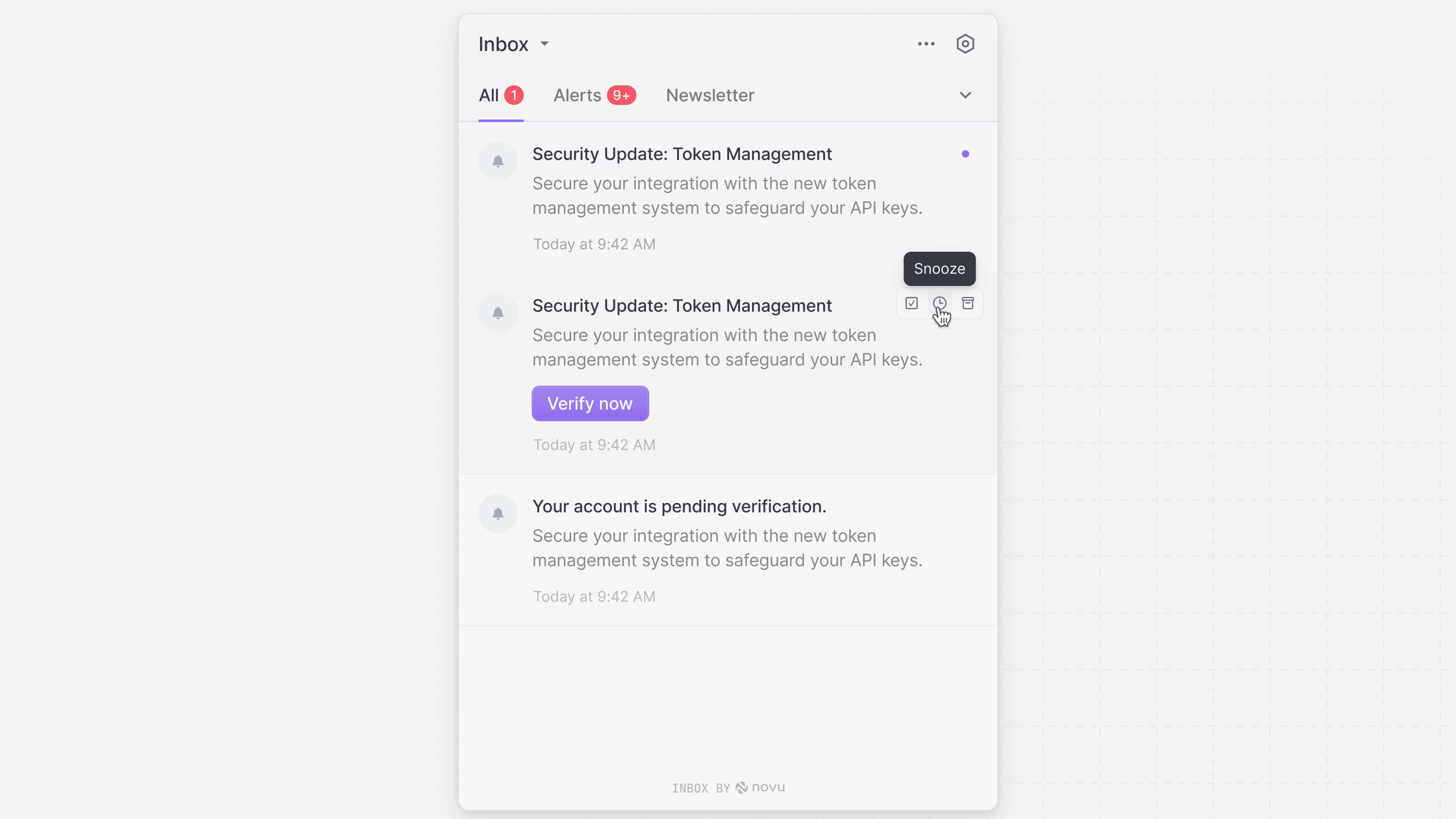 Snooze icon on the inbox notification